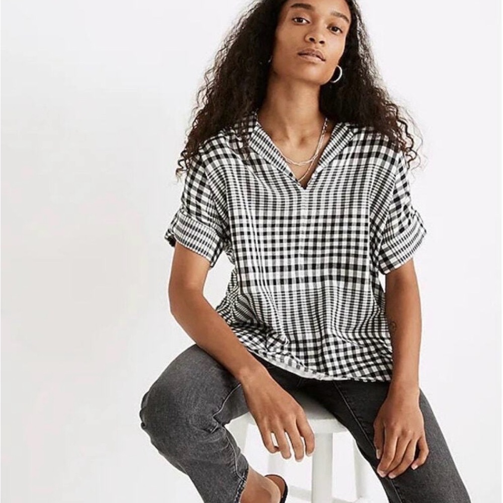Madewell Double-Faced Hayden Black & White Popover Top in Breeney Plaid‎ Medium